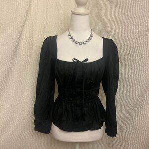 J.Crew Cinched Waist Peasant Top Black Herringbone Cotton NWT Size 0 Boho